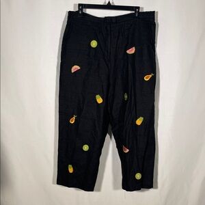ROSANNA WOMAN FRUIT EMBROIDERED BLACK LINEN PANTS CROPPED 18W